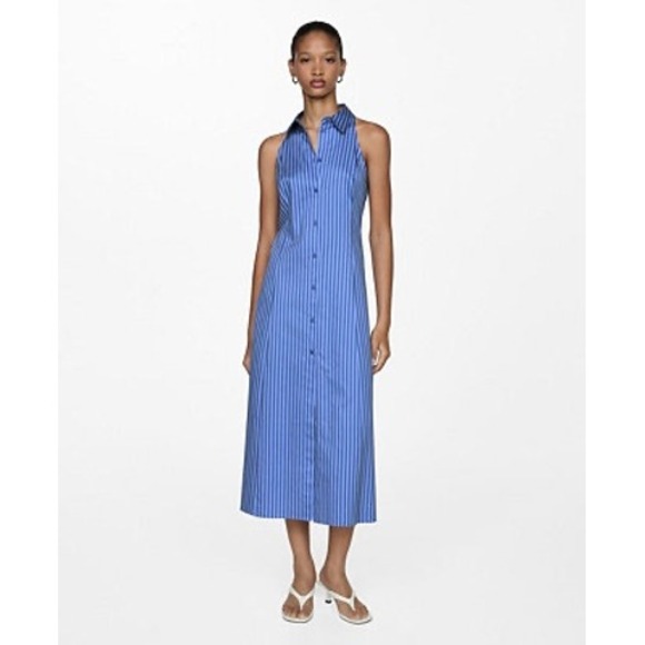 Mango Dresses & Skirts - Mango MNG Blue Striped Sleeveless Midi Shirt Dress Corset Back Cotton Size 4 NEW
